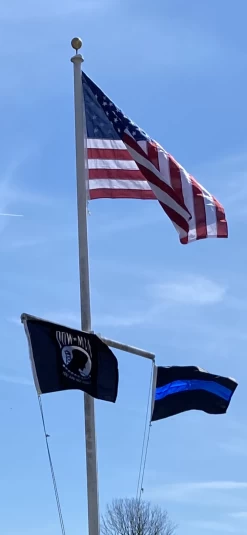 THIN BLUE LINE FLAG, TRADITIONAL 3 STRIPE 11 THIN BLUE LINE FLAG, TRADITIONAL 3 STRIPE -Flags and Banners Store american yard arm with pow and blue line