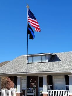 THIN BLUE LINE FLAG, TRADITIONAL 3 STRIPE 12 THIN BLUE LINE FLAG, TRADITIONAL 3 STRIPE -Flags and Banners Store battle tough americna flag and blue line on black pole